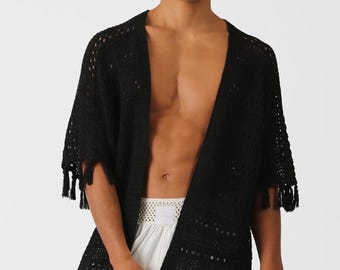Kimono de malha preta de algodão: saída de praia estilo boho masculina