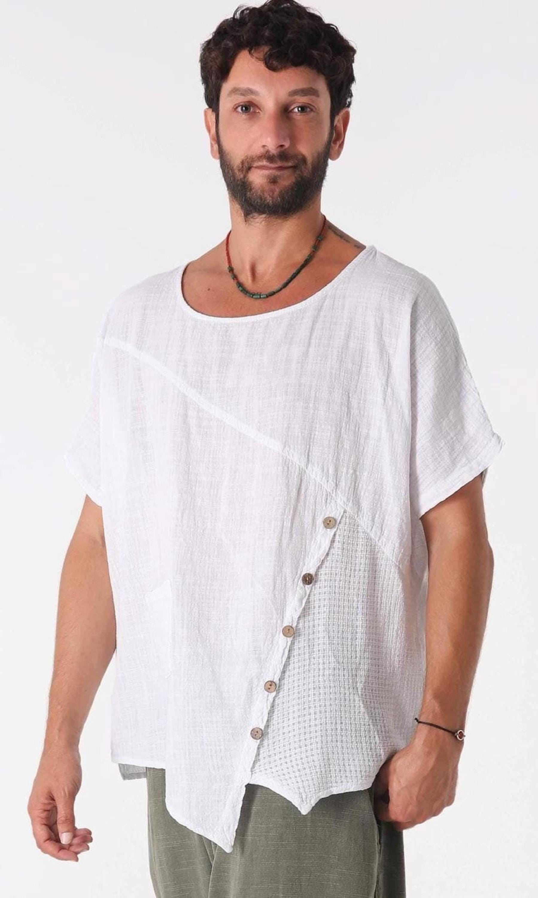 Asymmetric Linen Top for Men, Boho White Shirt, Oversized Japanese Style, Zen Festival Summer Beach Shirt, Artisanal Clothing
