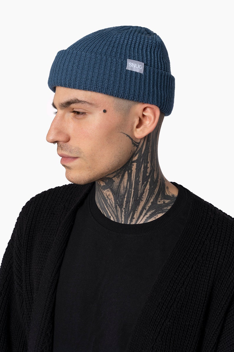 Hipster fisherman beanie, double-sided winter knitted beret Blue