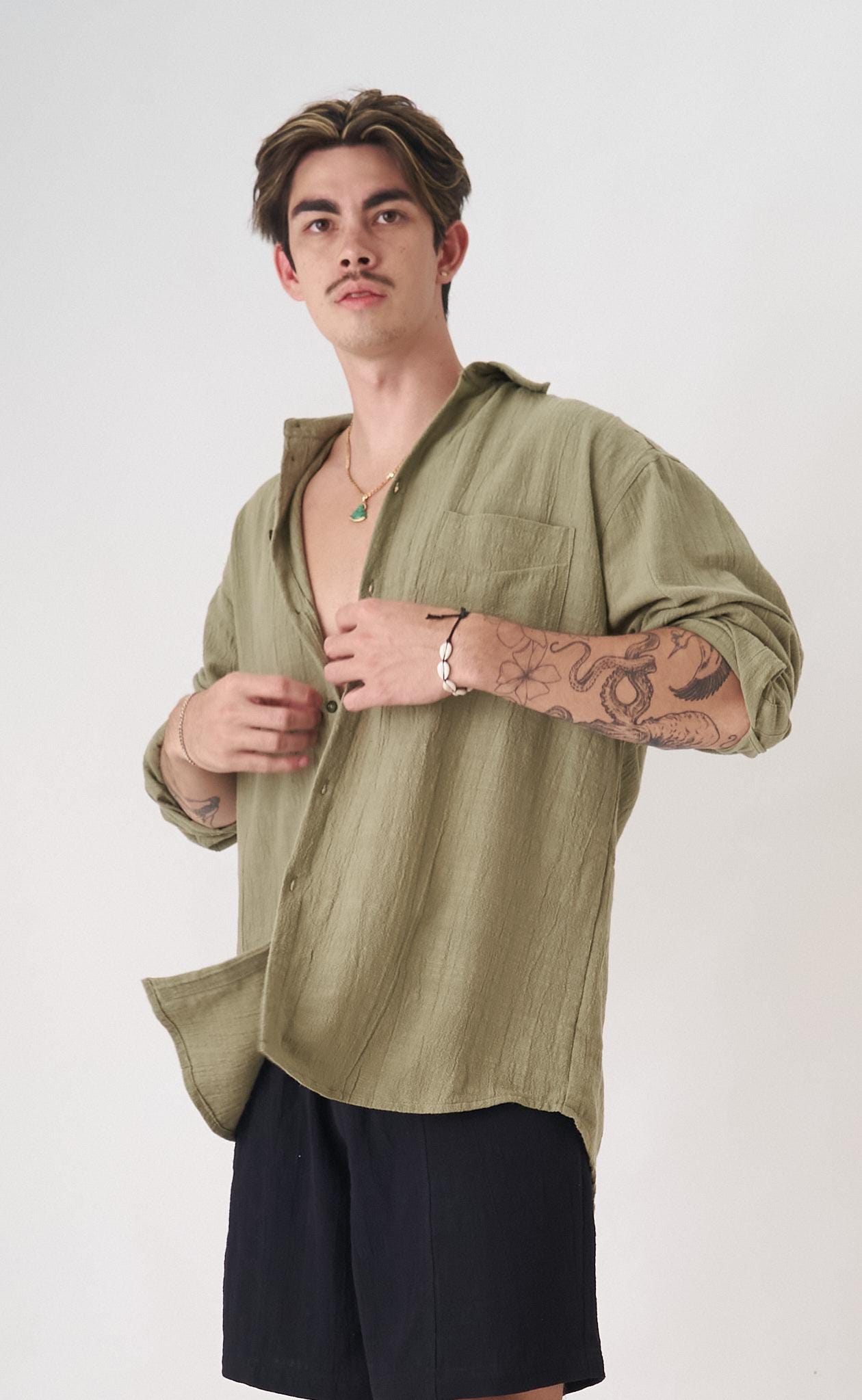 green emerald velvet dress DiBanGu Mens Dress Shirt Solid Sage Green Splicing Silk Button Down Shirt, M main image 0