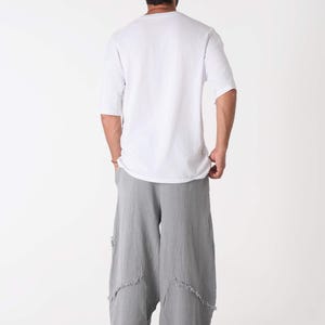 Handmade linen palazzo pants in light gray with boho yoga pants style and harem fit, Snug Brandwear.