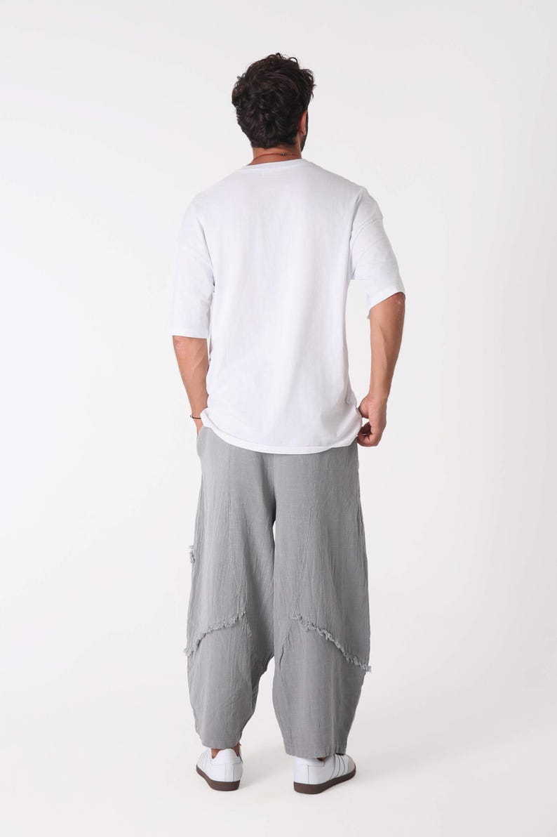 Handmade linen palazzo pants in light gray with boho yoga pants style and harem fit, Snug Brandwear.