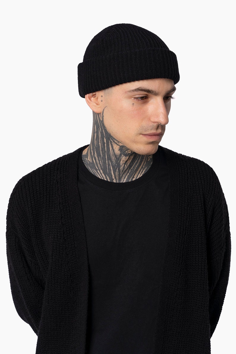 Hipster fisherman beanie, double-sided winter knitted beret Black