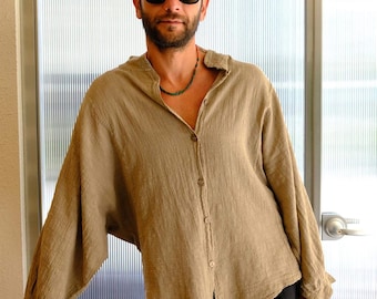 Batwing Linen Shirt : Oversized Handmade Relaxed Fit Boho Top