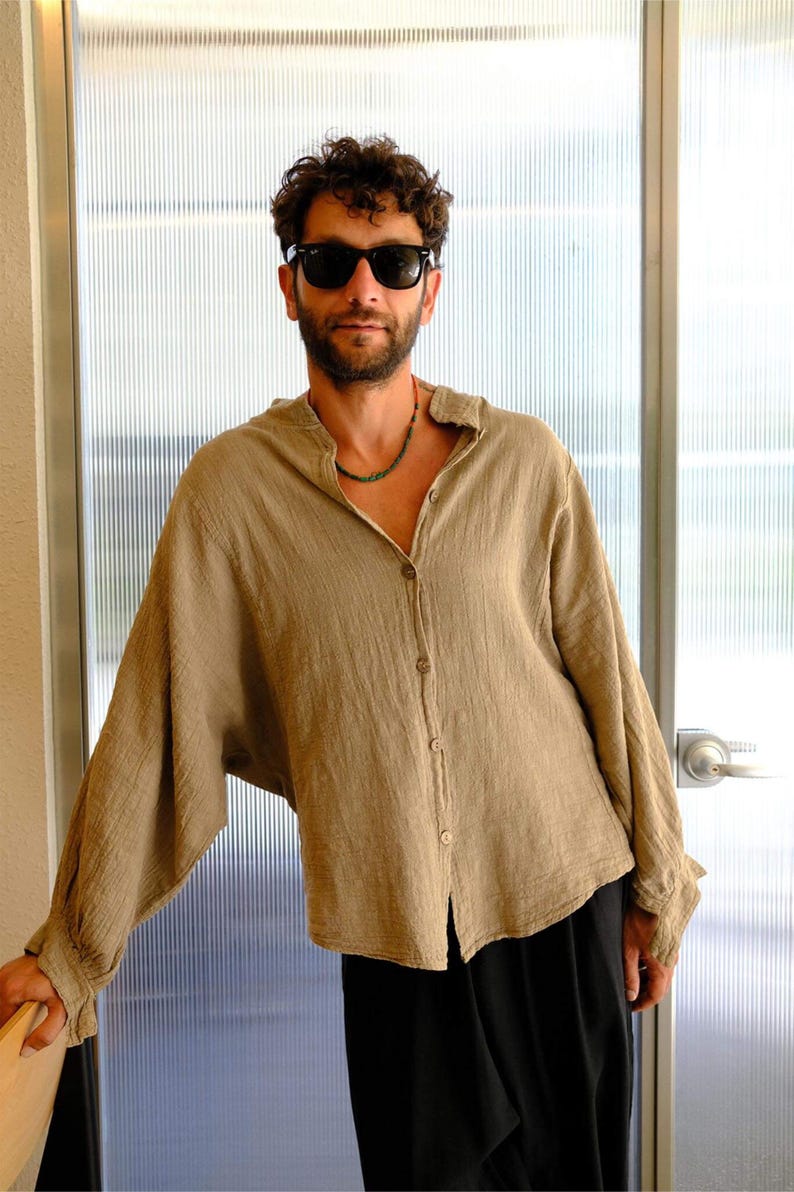 Batwing style unisex shirt made from organic cotton and linen blend, available in brown color