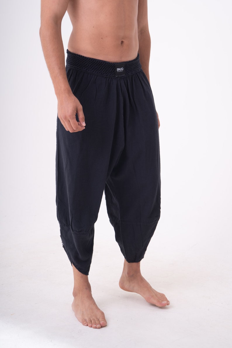Cyberpunk Harem Linen Natural Woven Pants, Modern Handmade Black Yoga Boho Pants. image 2
