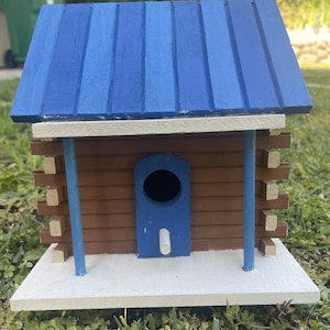 Hand Painted Cottage in the Woods Birdhouse, Brown Blue with Hand-Placed Stones on Stone Chimney, Cute Cottagecore Birdhouse for Gardening