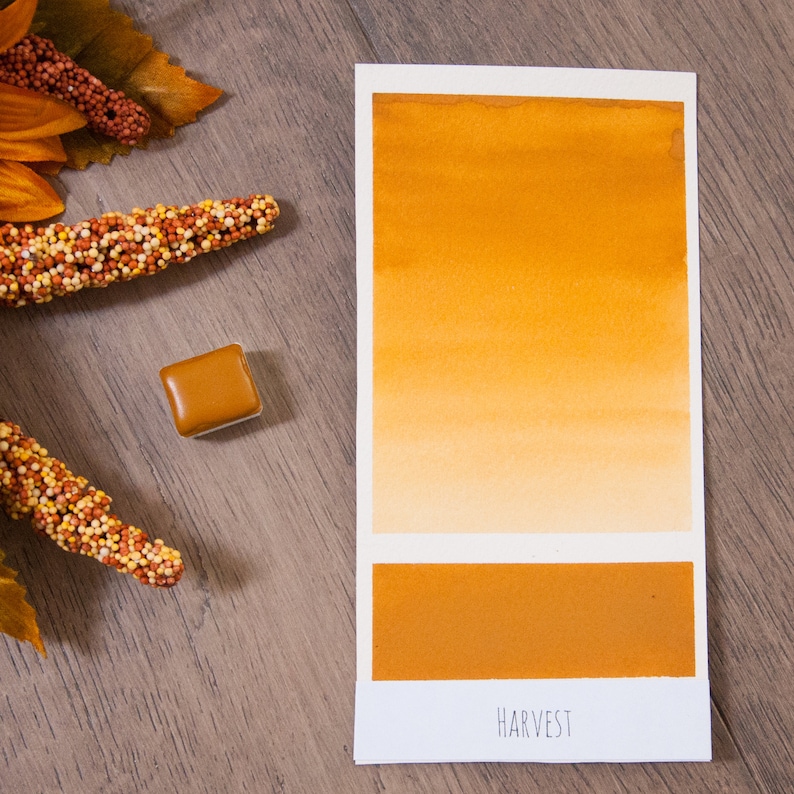 May include: A watercolor paint pan with a gradient of orange and yellow shades. The pan is labeled "HARVEST".