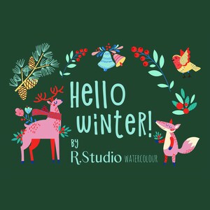 May include: A festive illustration featuring a pink deer and a pink fox with red accents, surrounded by green foliage, red berries, pine cones, and bells. The text "Hello winter! by R.Studio WATERCOLOUR" is displayed in the center.
