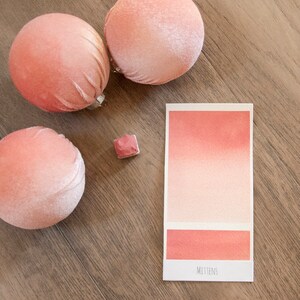 May include: Three pink velvet ornaments and a small pink watercolor paint pan. A white card with a gradient of pink watercolor and the word "Mittens" printed on it.