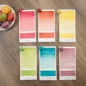 May include: Six watercolor paint swatches with names: Strawberry, Raspberry, Lemon, Pistachio, Blueberry, and Lavender. The swatches are arranged in two rows of three, with a small square of the corresponding color above each swatch.