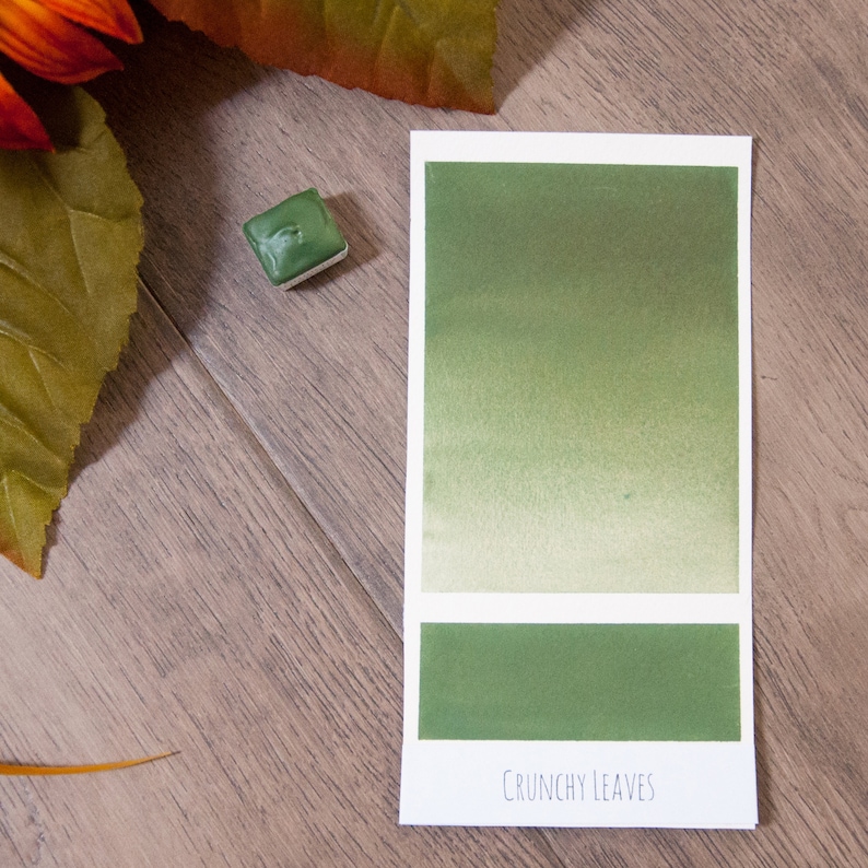May include: A watercolor paint pan with a green pigment, labeled "Crunchy Leaves". A swatch of the paint shows a gradient from light green to dark green.
