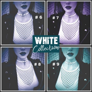 May include: Four images of a person wearing a white choker necklace with a different background color for each image. The background colors are purple, blue, green, and teal. The text "WHITE Collection" is in the center of the image.