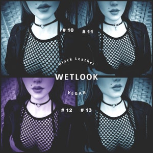 May include: A composite image showcasing four variations of a black leather choker necklace with a heart-shaped pendant. The model wears a black fishnet top and a black jacket. The text "Black Leather", "WETLOOK", and "VEGAN" are visible.