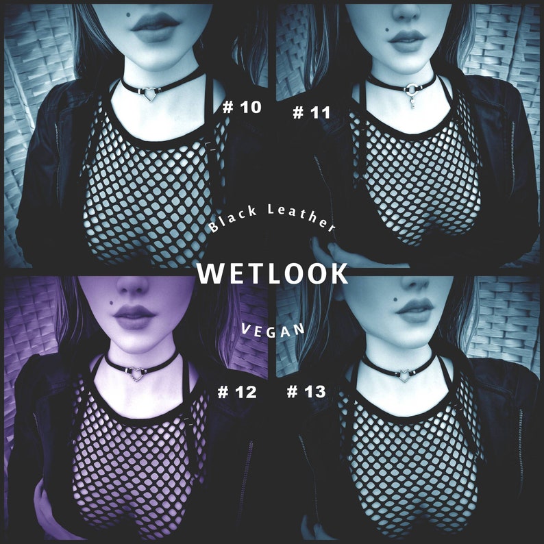 May include: A composite image showcasing four variations of a black leather choker necklace with a heart-shaped pendant. The model wears a black fishnet top and a black jacket. The text "Black Leather", "WETLOOK", and "VEGAN" are visible.