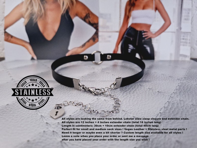 Black o ring choker collar for women with leather and stainless steel metal parts Available with different types of charms and colors zdjęcie 5