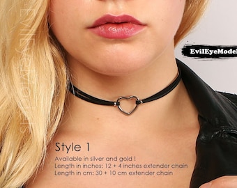 Heart choker collar necklace with black and white vegan leather