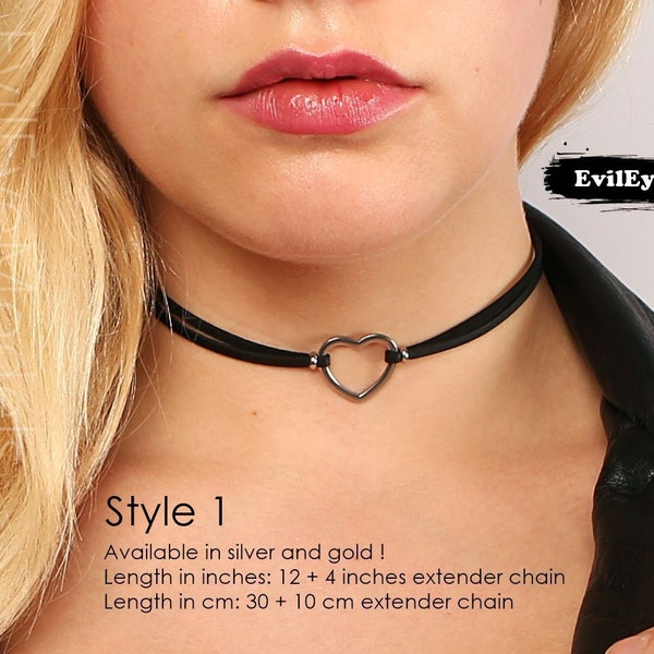 Heart choker collar necklace with black and white vegan leather