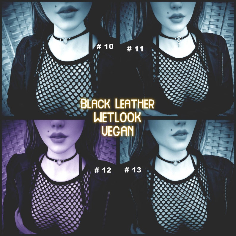 May include: Four images of a person wearing a black leather choker with a silver heart charm and a black fishnet top. The text "BLACK LEATHER WETLOOK VEGAN" is displayed in the center of the image. The images are numbered 10, 11, 12, and 13.