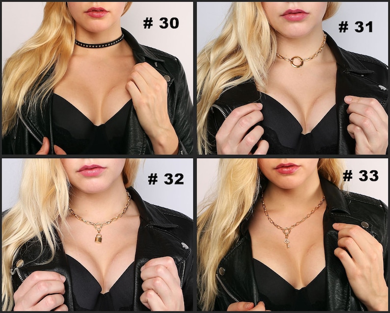 May include: Four close-up images of women wearing different gold necklaces. The necklaces are a choker, a circle pendant, a chain with a padlock, and a chain with a key pendant. Each image has a number in the top right corner, #30, #31, #32, and #33.