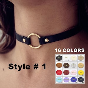 Black o ring choker collar for women with leather and stainless steel metal parts - Available with different types of charms and colors