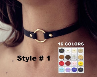 Black o ring choker collar for women with leather and stainless steel metal parts - Available with different types of charms and colors