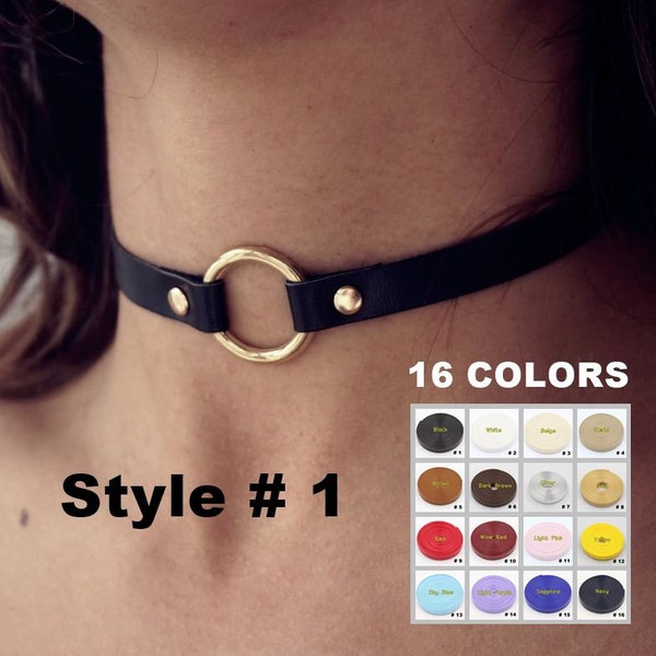 Black o ring choker collar for women with leather and stainless steel metal parts - Available with different types of charms and colors