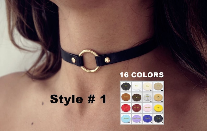 Black o ring choker collar for women with leather and stainless steel metal parts Available with different types of charms and colors zdjęcie 1