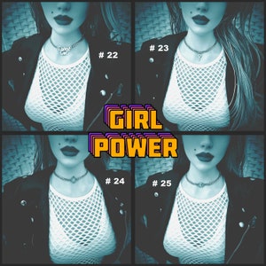 May include: Four images of a person wearing a black leather jacket and a white fishnet top. Each image features a different silver necklace. The text "GIRL POWER" is displayed in the center of the image.