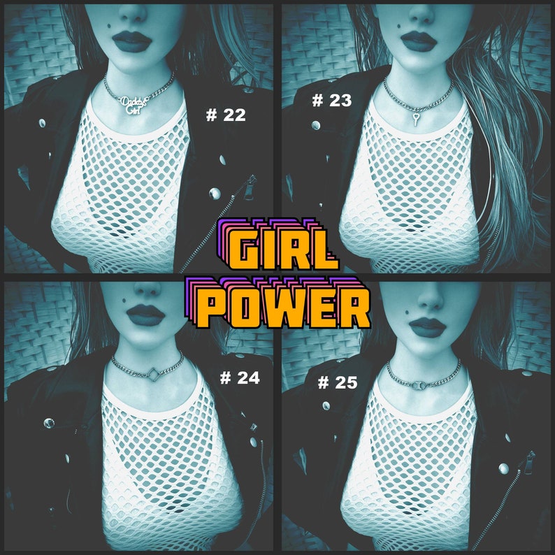 May include: Four images of a person wearing a black leather jacket and a white fishnet top. Each image features a different silver necklace. The text "GIRL POWER" is displayed in the center of the image.