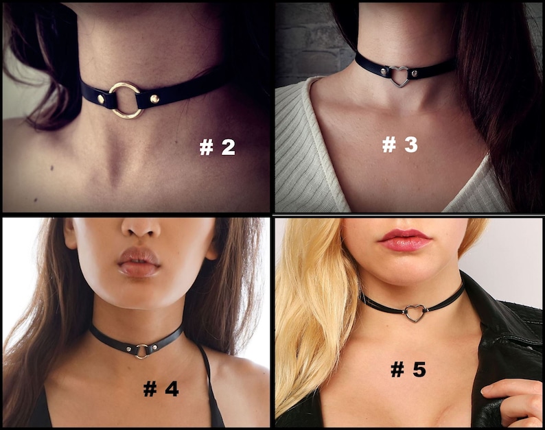 May include: Four different styles of black leather choker necklaces with silver accents. The chokers feature a circle, heart, and two different heart shapes.