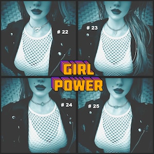 May include: A collage featuring four images of a person wearing different silver necklaces. The person is wearing a white mesh top and a black jacket. The text "GIRL POWER" is displayed in a colorful, retro font.
