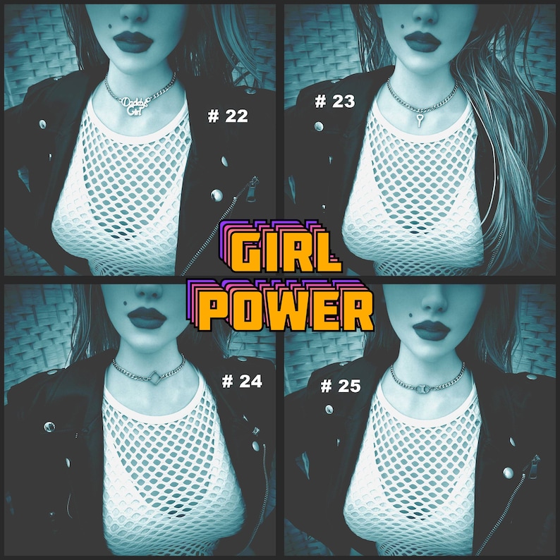 May include: A collage featuring four images of a person wearing different silver necklaces. The person is wearing a white mesh top and a black jacket. The text "GIRL POWER" is displayed in a colorful, retro font.