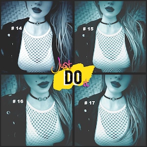 May include: Four images of a person wearing a black leather jacket and a white fishnet top with a silver chain necklace. Each image has a number in the top left corner, #14, #15, #16, and #17. The text "Just Do It" is superimposed over the images in a yellow box.