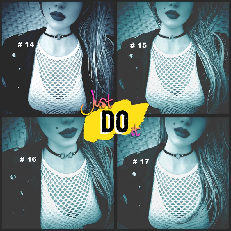 May include: Four images of a person wearing a black leather jacket and a white fishnet top with a silver chain necklace. Each image has a number in the top left corner, #14, #15, #16, and #17. The text "Just Do It" is superimposed over the images in a yellow box.