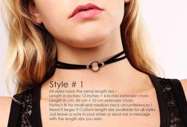 May include: A black choker necklace with a silver ring accent. The necklace is 12 inches long with a 4 inch extender chain.  Style # 1. All styles have the same length size. Length in inches: 12 inches + 4 inches extender chain. Length in cm: 30 cm + 10 cm extender chain. Perfect fit for small and medium neck circumferences. Need it larger? Custom length size available for all styles. Just leave a note in your order or send me a message with the length size you wish.