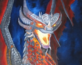 May include: A fiery red dragon with a silver and black helmet and horns. The dragon's eyes glow with a bright orange light. The dragon's wings are spread out behind it.
