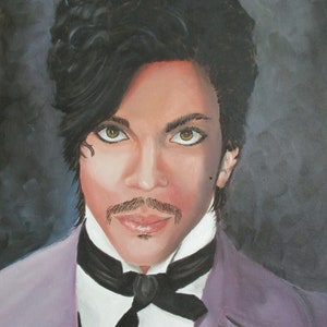 May include: A painting of a person with dark hair and a purple jacket. The person is wearing a white shirt with a black bow tie. The person has a mustache and is looking at the viewer.
