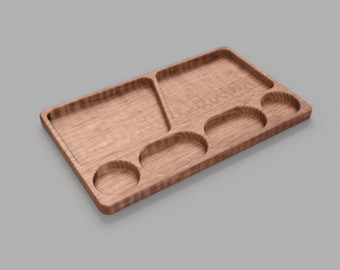 Peut inclure: Un plateau en bois avec cinq compartiments, parfait pour organiser de petits objets. Le plateau est en bois brun clair et a une finition lisse.