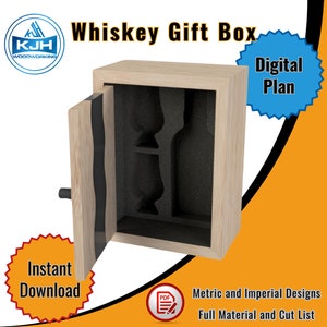 Puede incluir: Plan digital para una caja de regalo de whisky de madera con tapa con bisagras, dos portavasos y una ranura para botellas. La caja está hecha de madera clara con un acabado natural. El plan incluye diseños métricos e imperiales, lista completa de materiales y cortes, y está disponible para descarga instantánea.