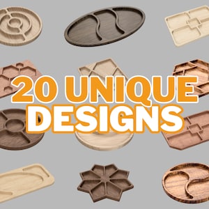 Pu&ograve; includere: Venti design unici di vassoi in legno con varie forme e configurazioni di scomparti. I vassoi sono realizzati in legno chiaro e scuro e sono disposti su uno sfondo grigio.