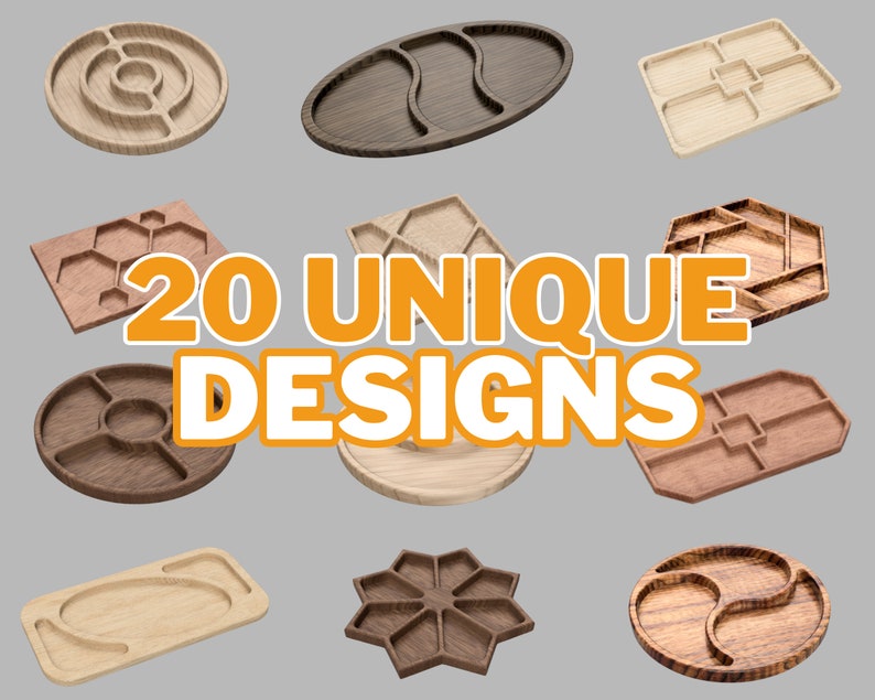Pu&ograve; includere: Venti design unici di vassoi in legno con varie forme e configurazioni di scomparti. I vassoi sono realizzati in legno chiaro e scuro e sono disposti su uno sfondo grigio.