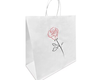 Printed Rose White Paper Bags with Handles 13x7x13 inches Perfect for Valentines Day, Mothers Day, Fathers Day and other parties and events