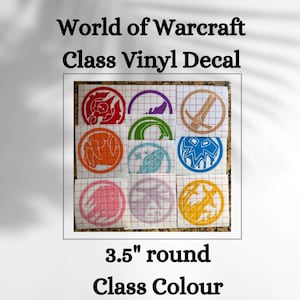 May include: Nine 3.5 inch round vinyl decals featuring World of Warcraft class symbols in their respective colors. The symbols include Warrior, Rogue, Paladin, Hunter, Shaman, Mage, Priest, Warlock, and Death Knight.