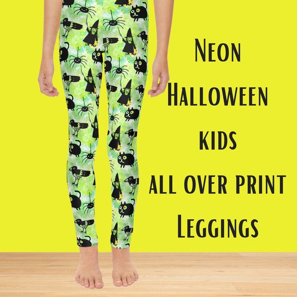 Kids On Trend Neon Green and Yellow Cute Halloween All Over Fun Print  Full-Length Leggings for Girls and Boys Great for Trick or Treating