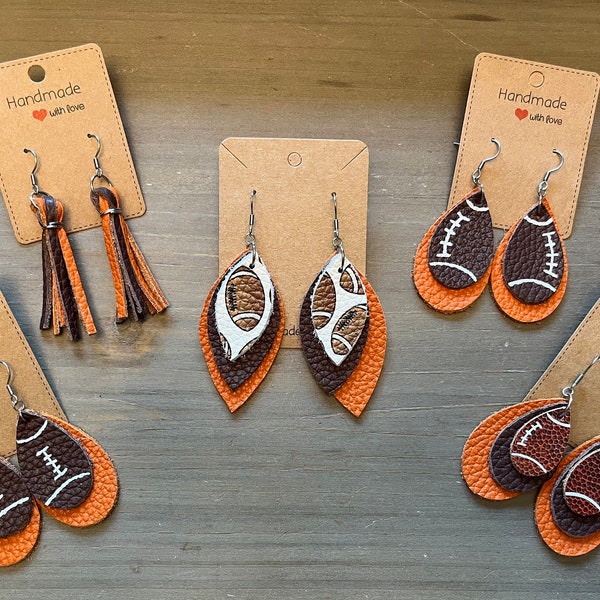 Cleveland Browns collection, genuine leather football earrings, GameDay earrings, orange and brown earrings