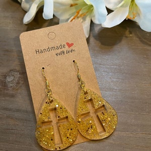 Glittery Cutout Cross Earrings, Resin Cross Dangles