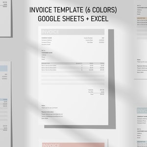 Invoice Template - Google Sheets + Excel - Editable - 6 Colors