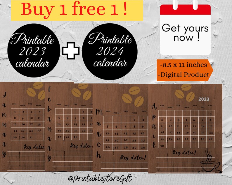 PRINTABLE Calendar 2023,free 2024 Printable Coffee Wall Calendar