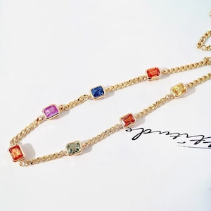 18k Solid Gold Rainbow Sapphire Curb Chain Bracelet/ Muti Colour Gemstones Bracelet/ Dainty Bracelet